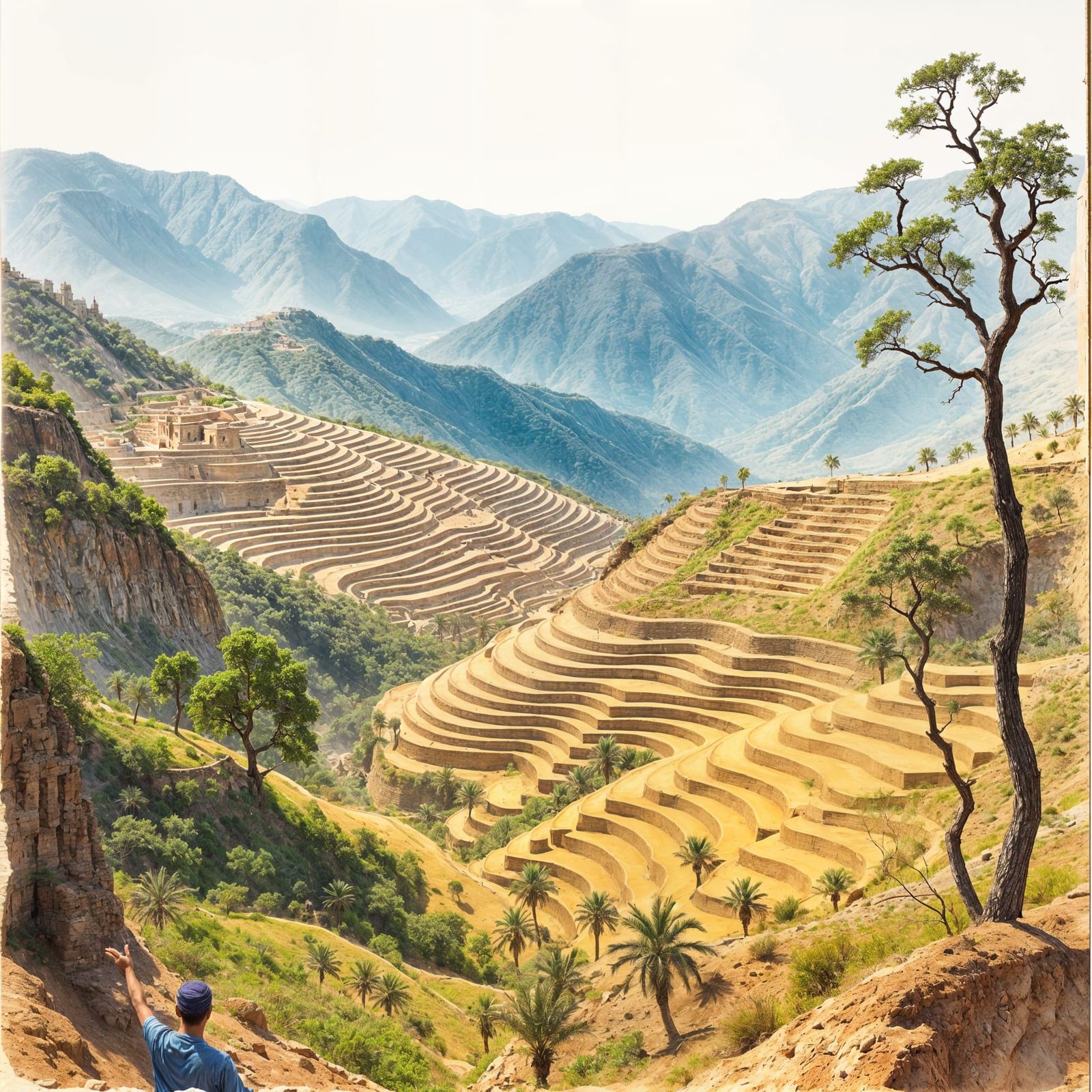 Yemeni Highlands Coffee Terraces, Watercolor Style