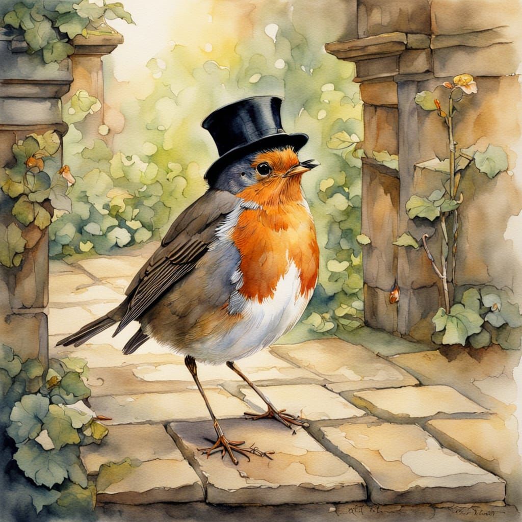 Robin with Top Hat Watercolor Illustration