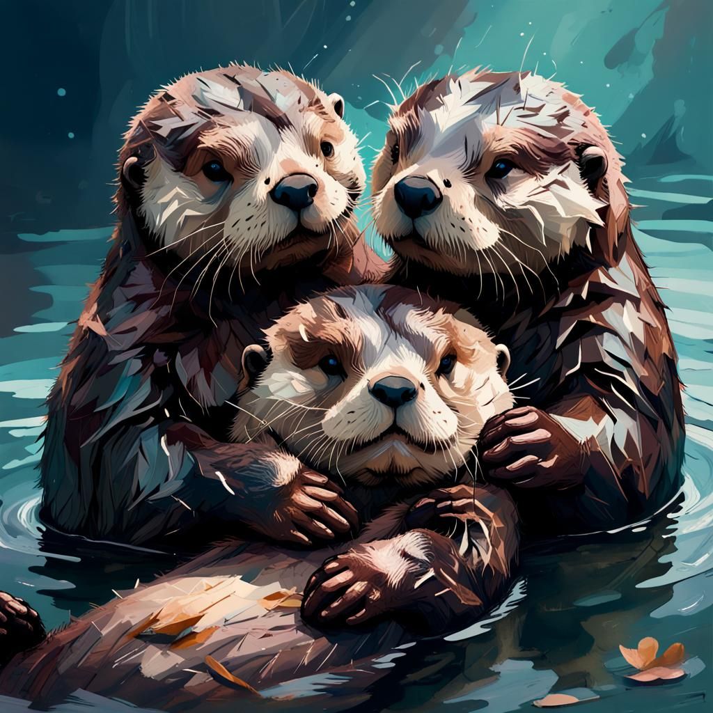 Sea Otters Cuddling: Breathtaking Digital Mixed Media Art