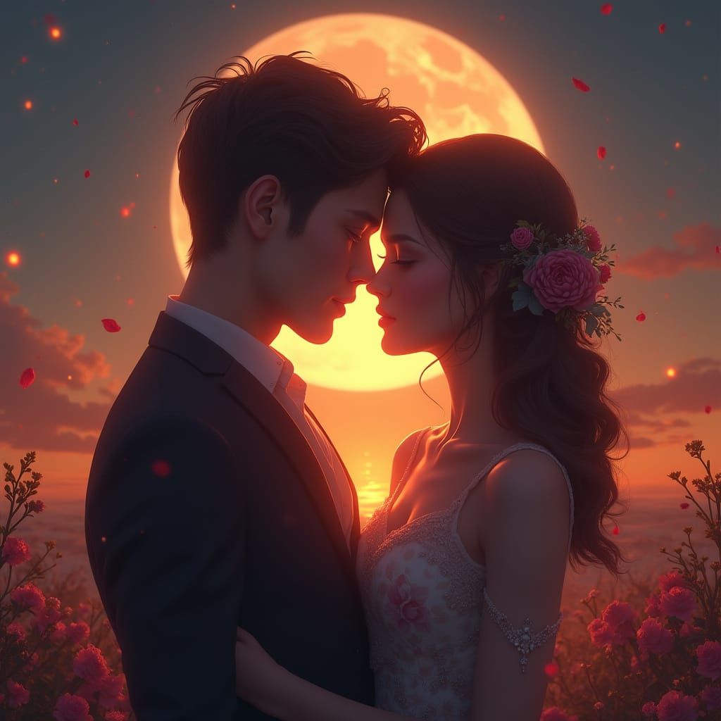 Romantic Couple Under Chasing Moon, Digital Art