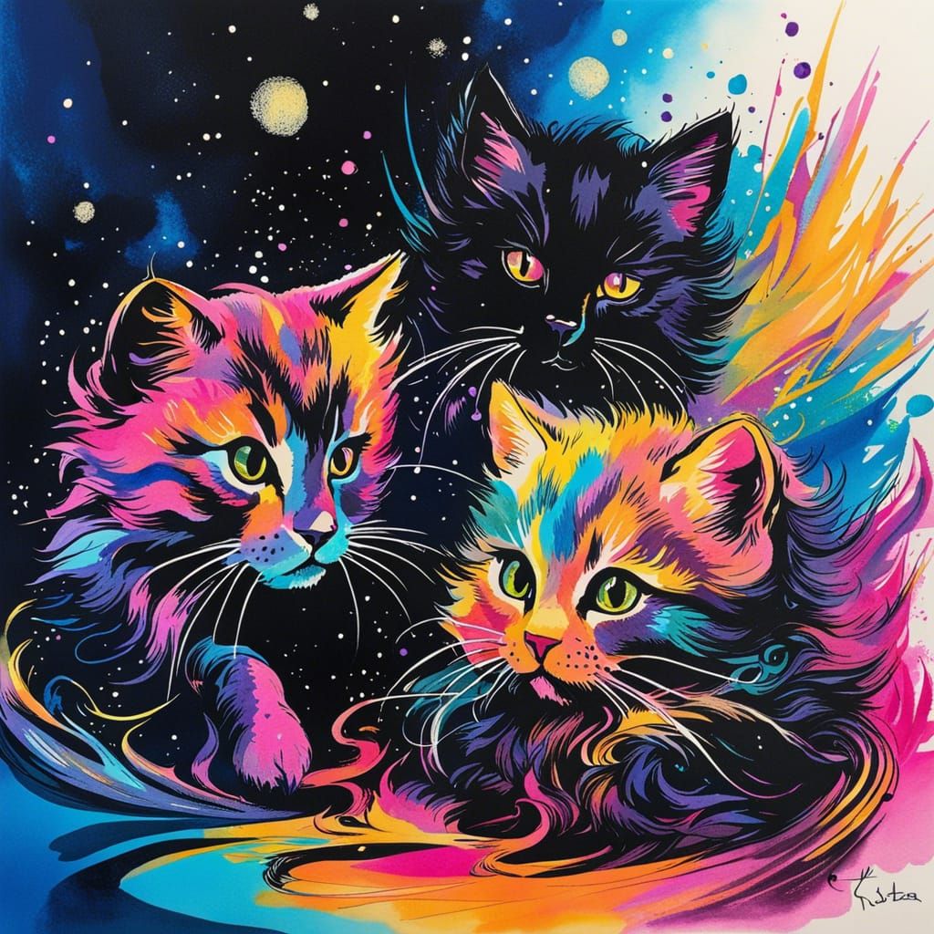 Cats and Kittens Pen Sketch with Luminous Aura