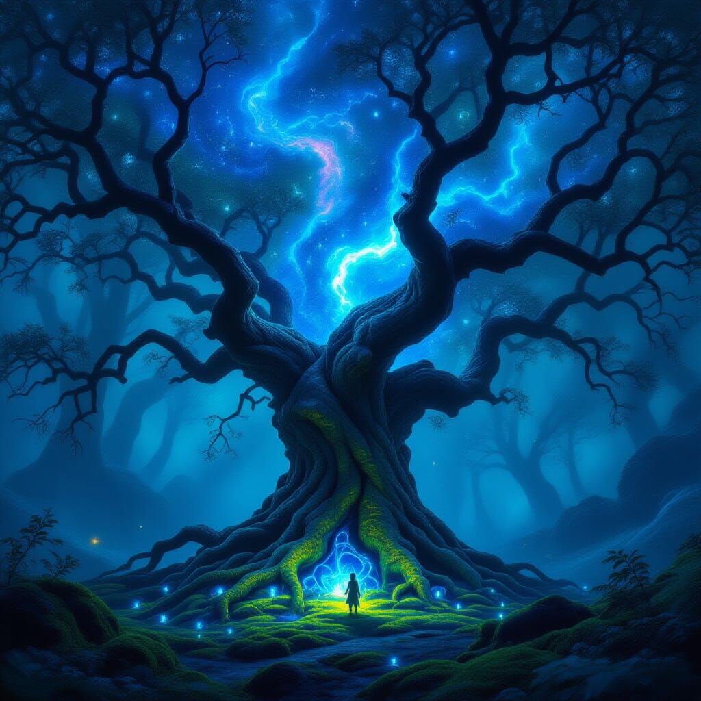 Ancient Tree Under Nebulae Sky in Enchanted Forest