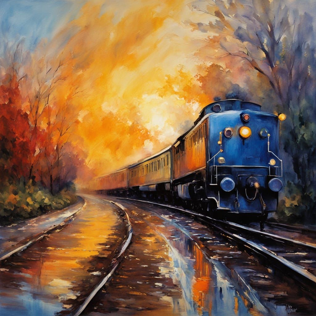 Train Whisks Through a Dreamy Landscape in Vibrant Watercolo...