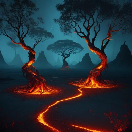 Surreal Landscape with Black Ashes and Golden Sands