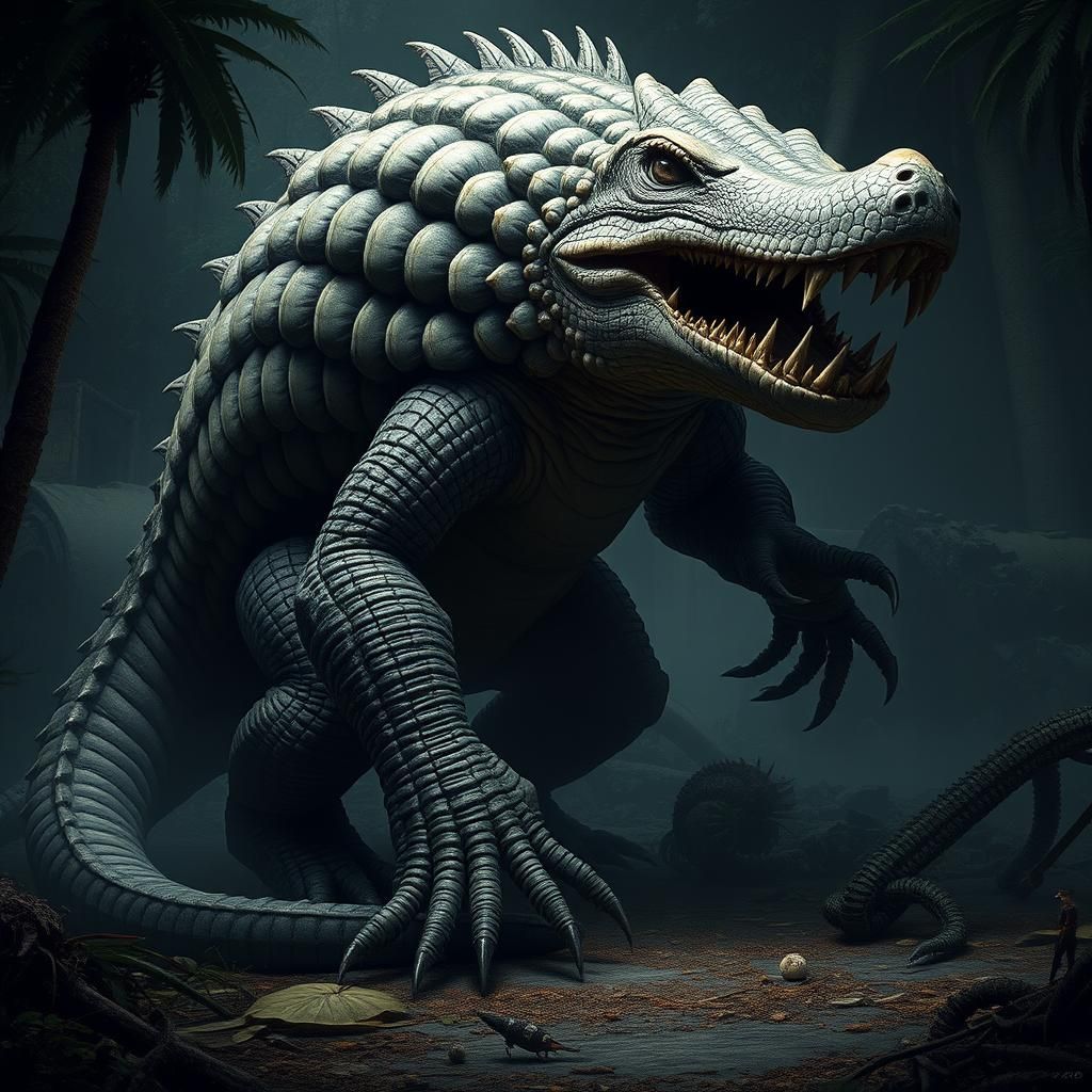Armored Crocodile Beast in Dark Jungle Ruins