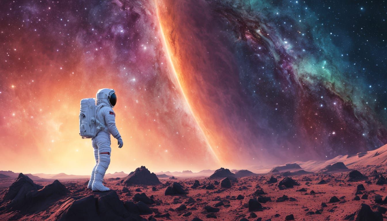 Astronaut on Distant Planet Amidst Cosmic Nebulae