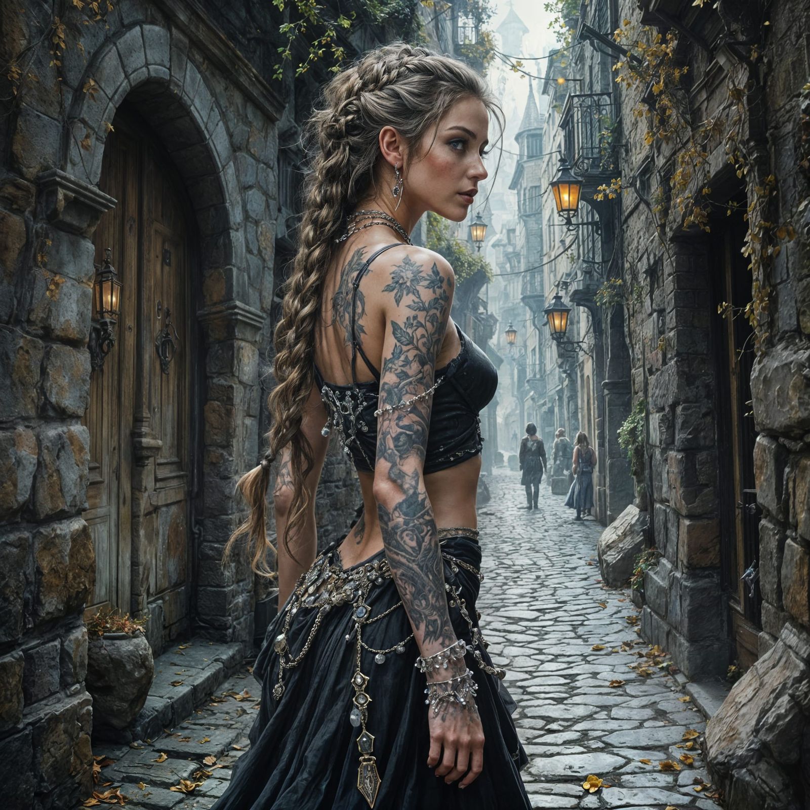 Dark Fantasy Maiden in Cobblestone Alleyway