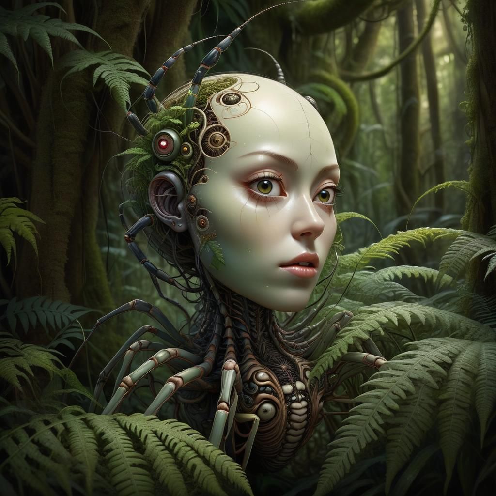 Surreal Biomechanical Landscape with Face and Fern