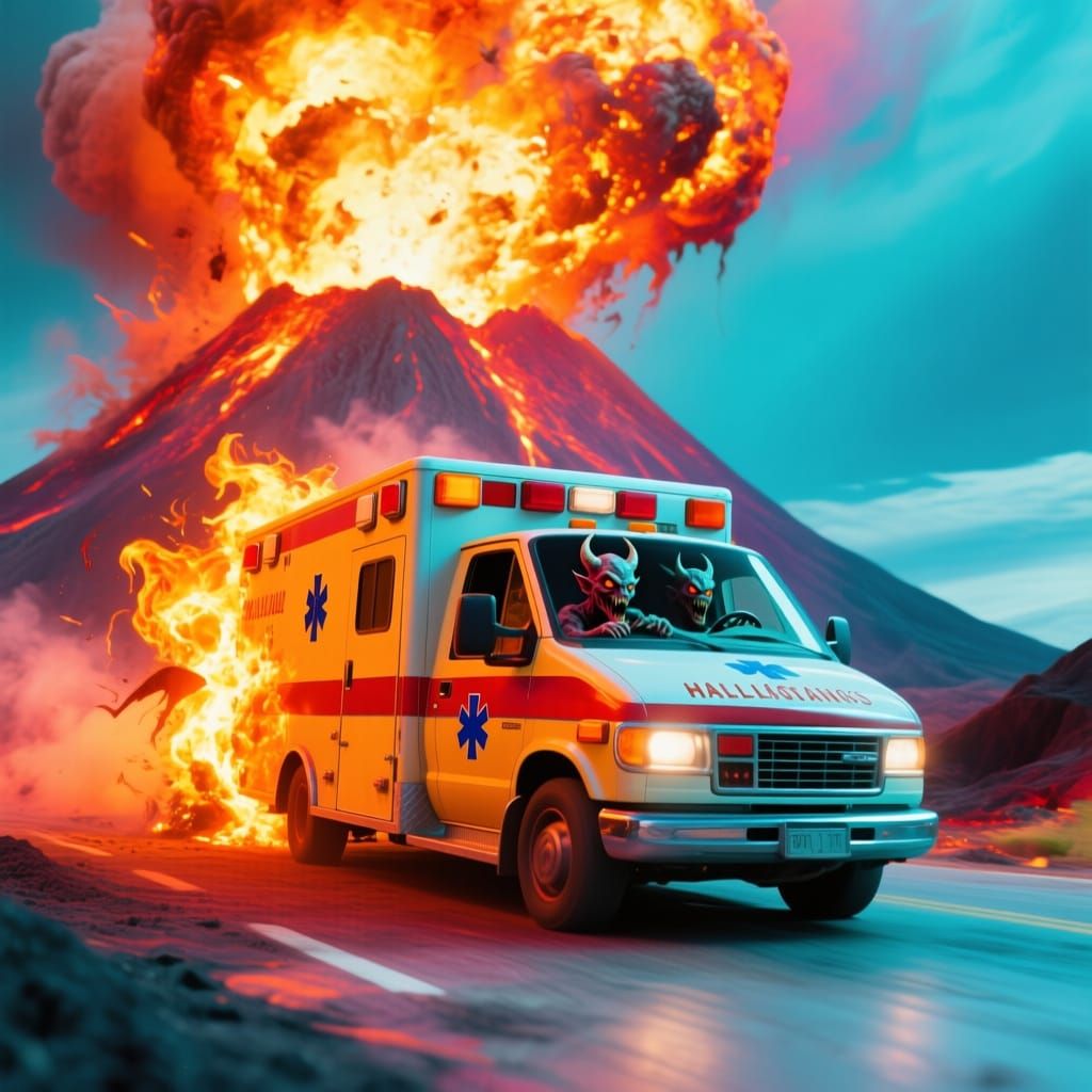 Hell Ambulance Driven by Demon Emerging from Exploded Volcan...