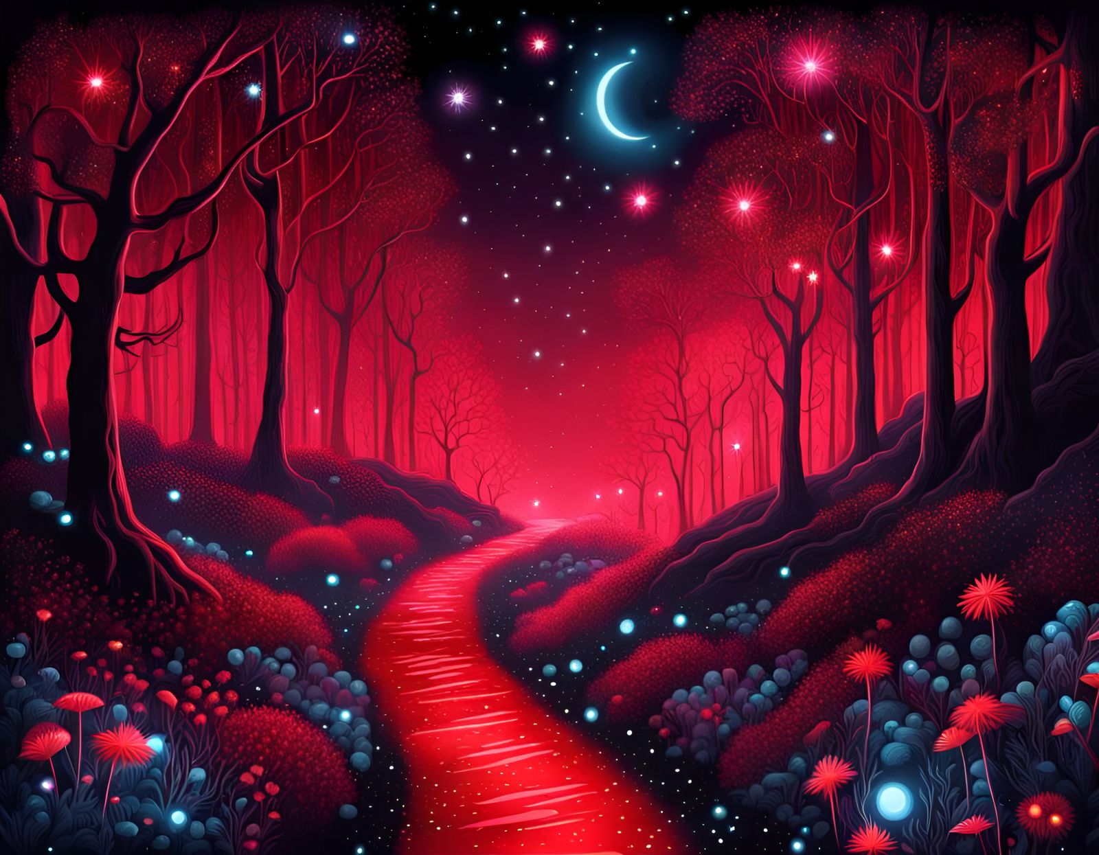path through Whimsical Red Fantasy enchanted forest, hyperde...