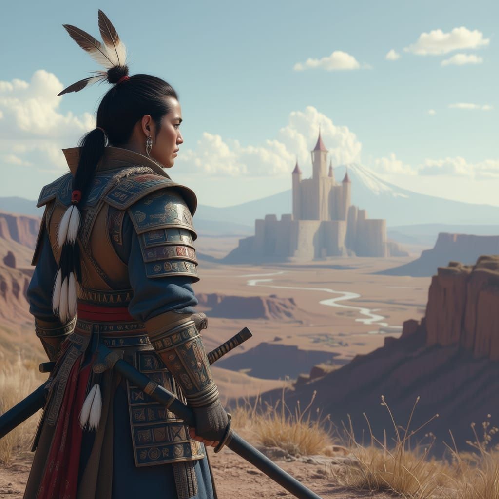 Warrior in Native American-Japanese Fusion Attire