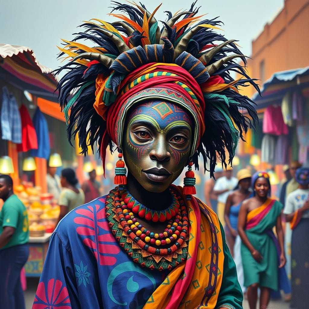 Colorful African Masquerade Figure in Marketplace