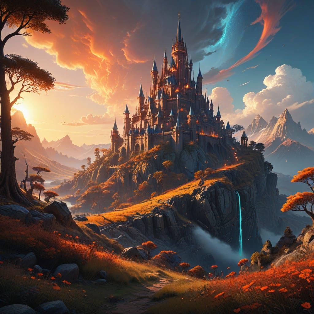 Ethereal Sunset Landscape in Gregory Manchess Style