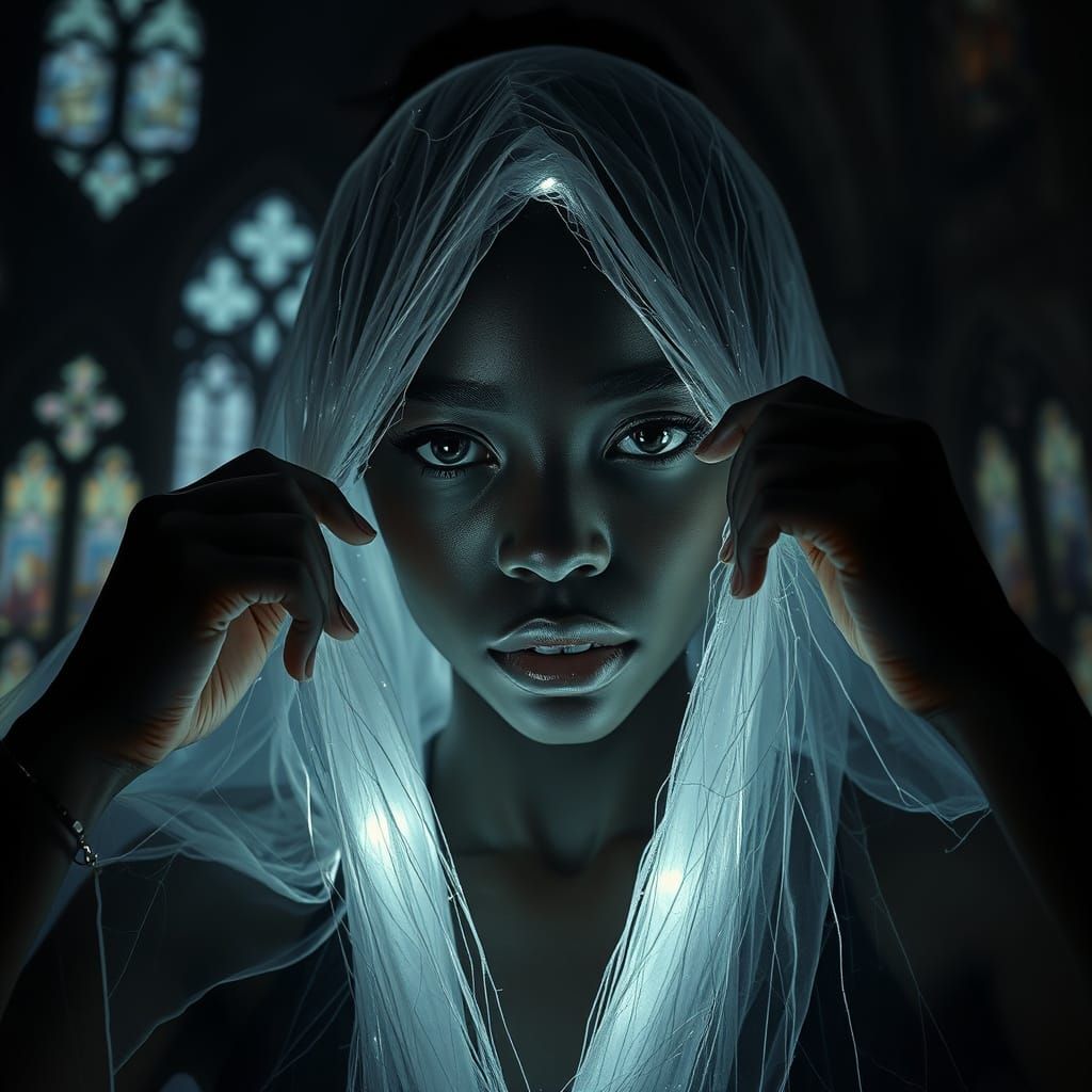 Ethereal Woman Emerges from Glowing Web Cocoon