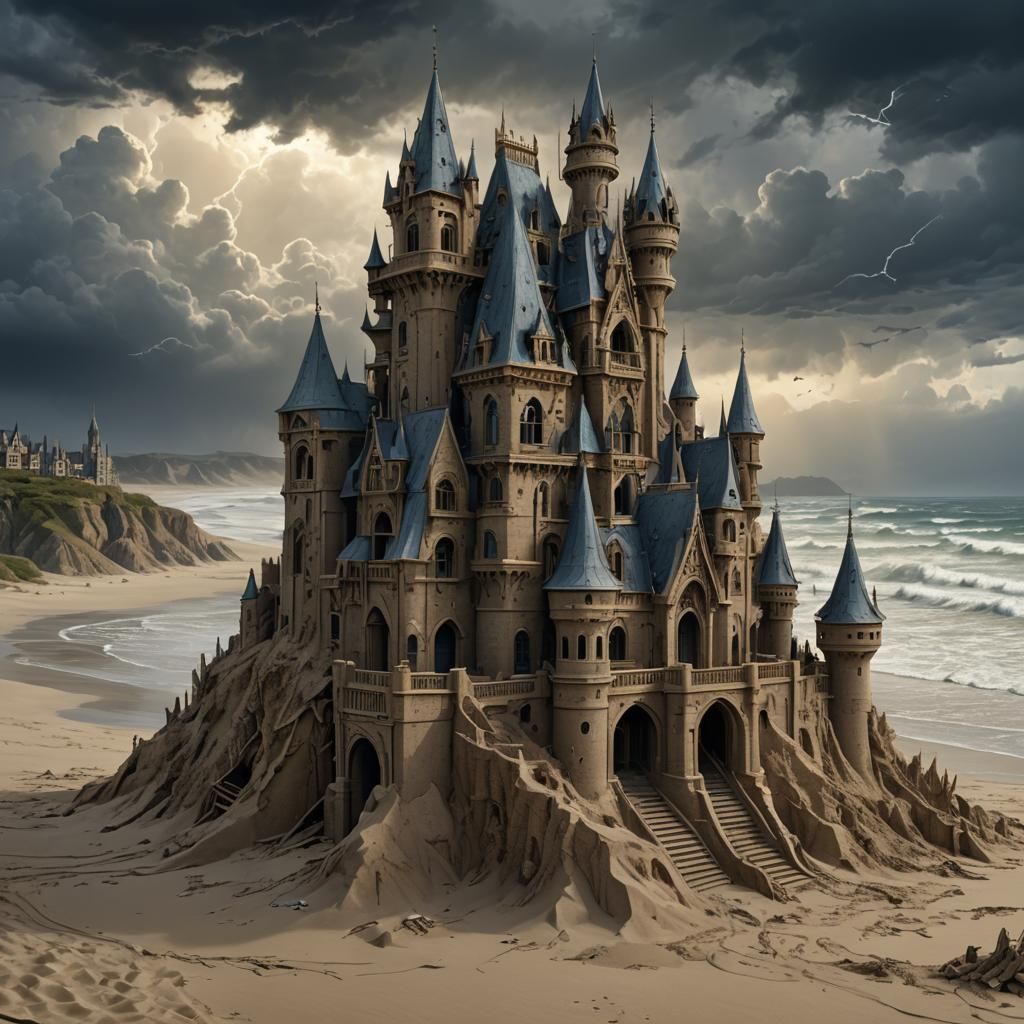 Haunted Gothic Sandcastle on Windswept Beach