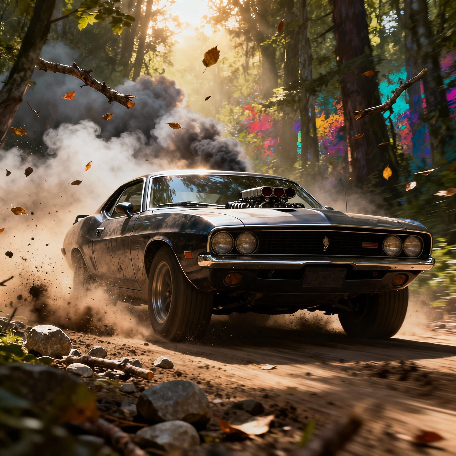 Muscle Car Speeds From Forest In Hyper-Realistic Digital Art