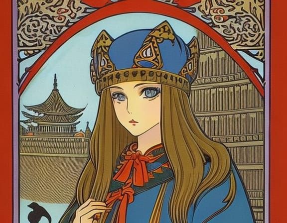 Anime Catgirl in Bilibin-Inspired Fairytale Style