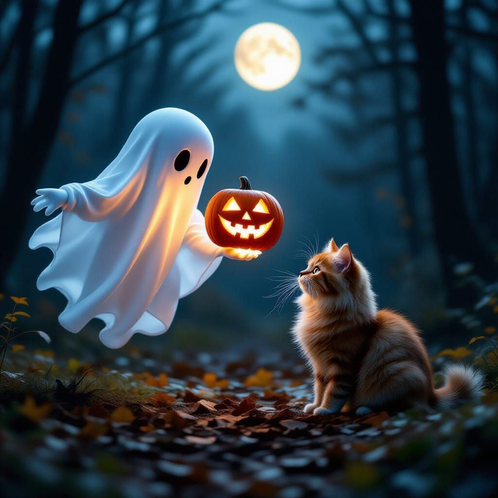Ethereal Ghost Tosses Glowing Pumpkin at Curious Cat