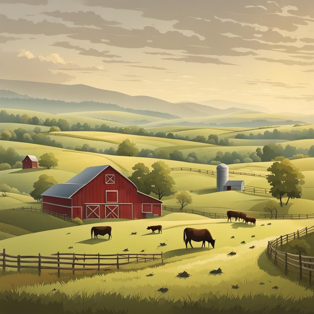 Picturesque Countryside Scene with Barn and Livestock