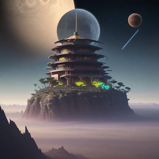 Alien Planet Landscape with Taoist Temple and Lightsaber Due...