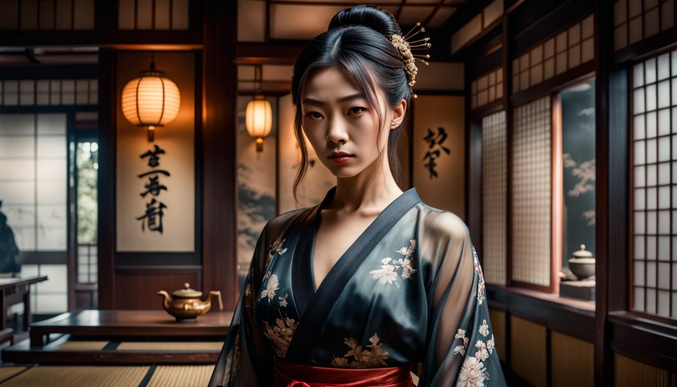 Dystopian Beauty in Japanese Tea Room, Hyperrealistic