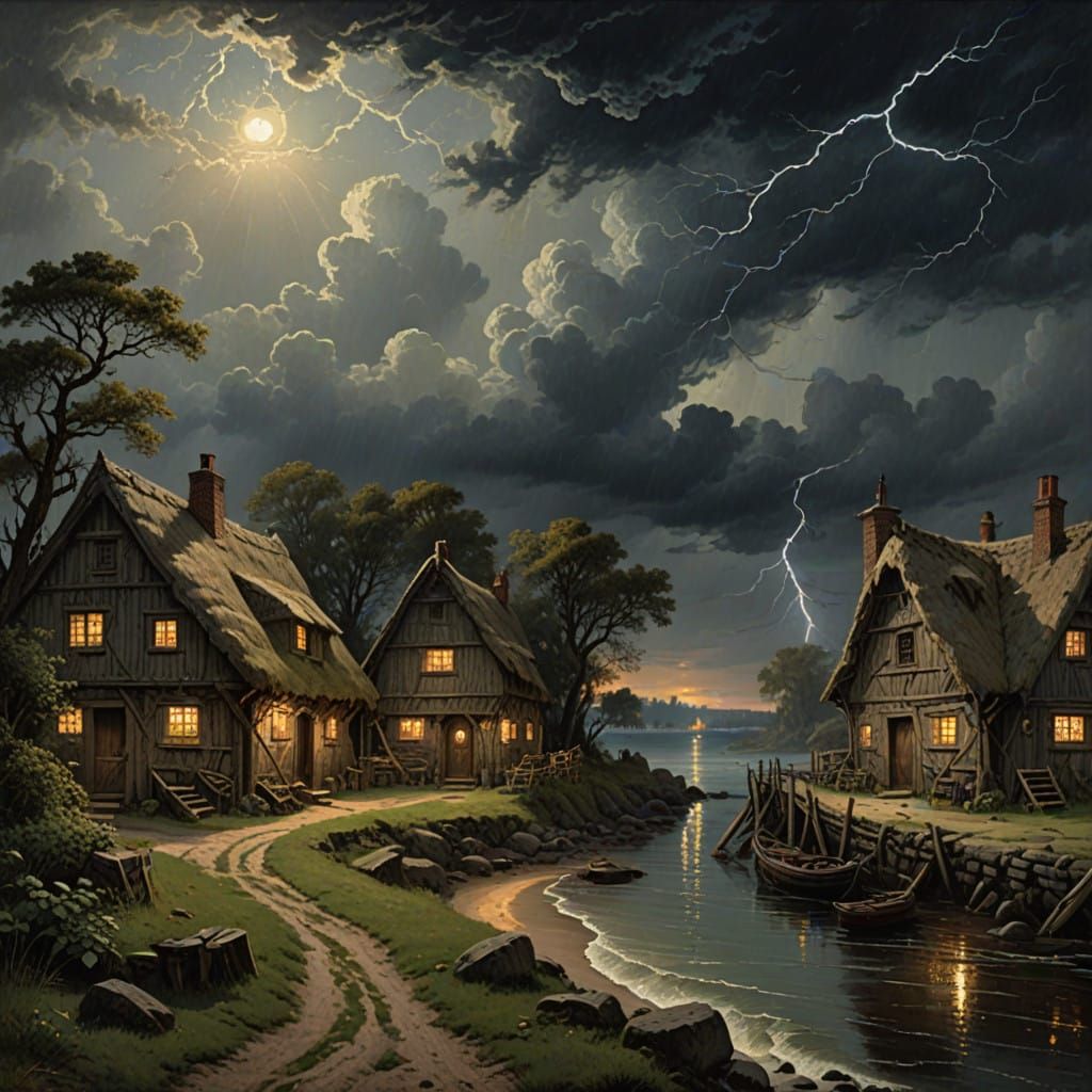 Medieval Coastal Village Under Turbulent Night Sky