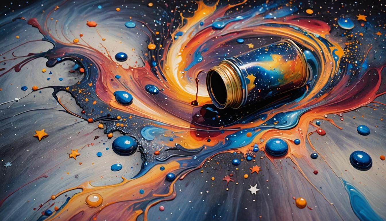 Paint Can Spills Starry Night Sky as Oil Painting