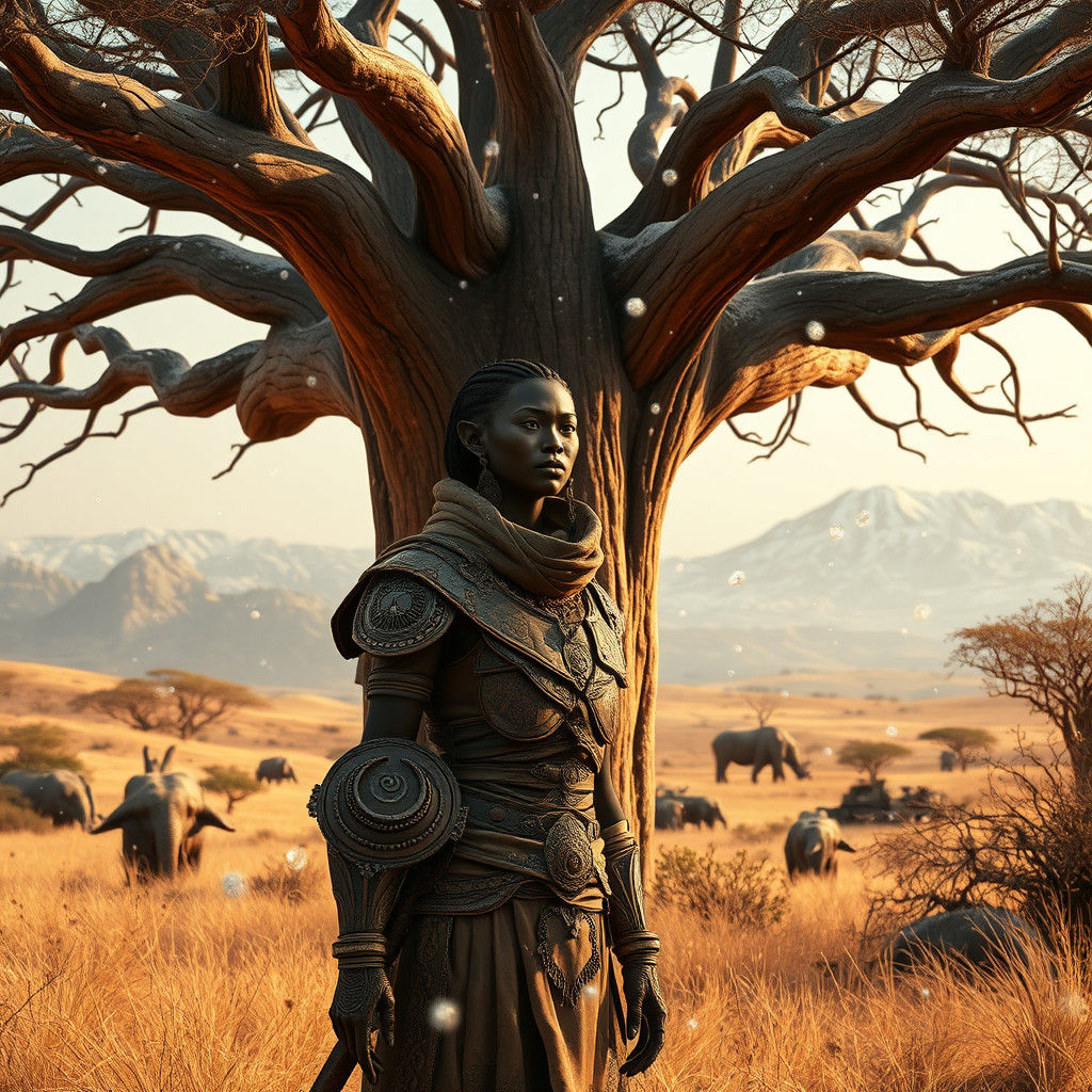 Elf in Snowy African Savannah Landscape