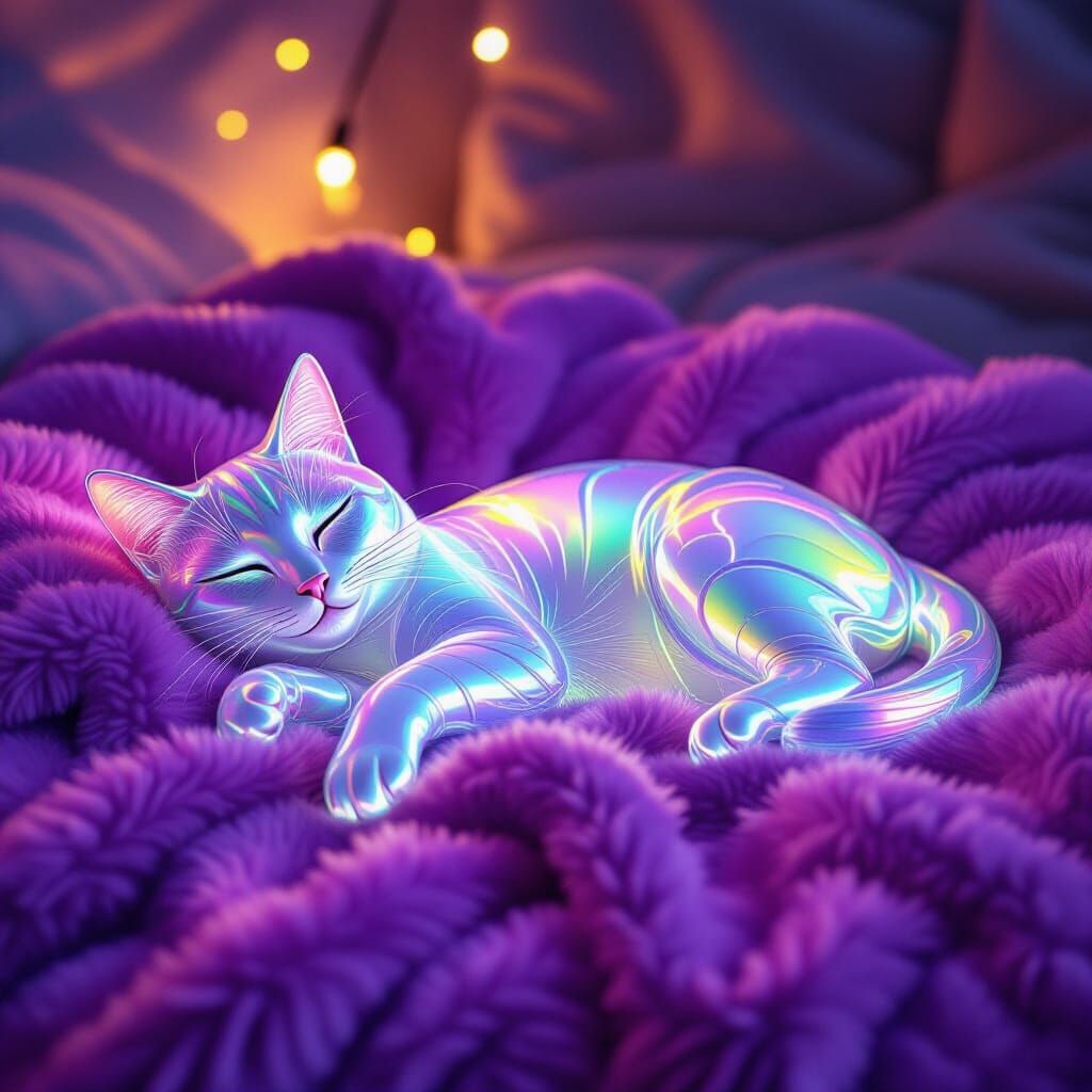 Iridescent Glass Cat Sleeping on Purple Throw