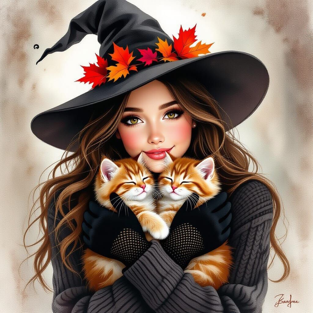 Woman Hugs Kitten in Witch Hat, Dreamy Watercolor Style