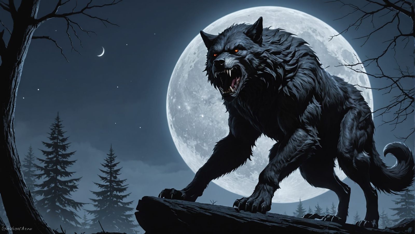 Anime Werewolf Roaming on a Full Moon Night