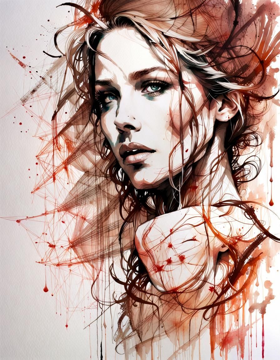 Woman's Portrait Created with Tea, Vodka and Ink