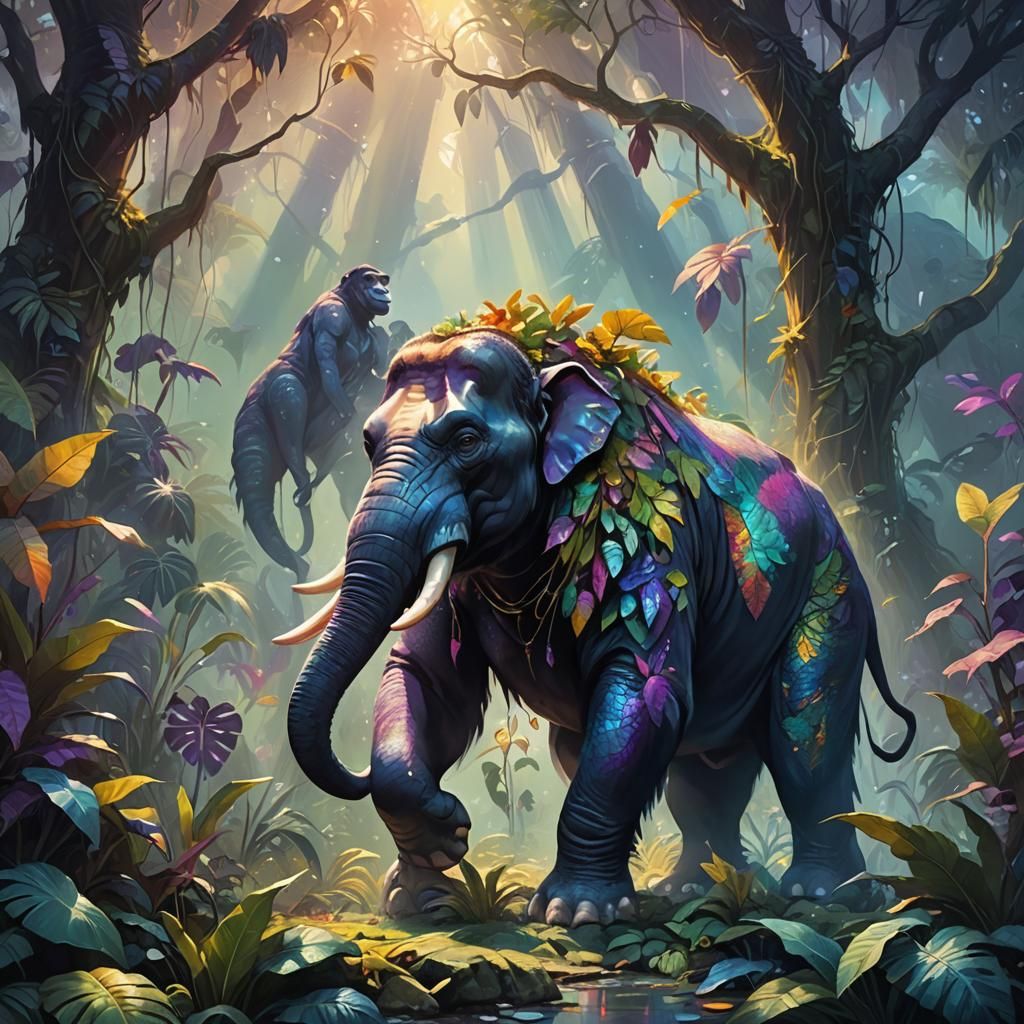 Elephant, Gorilla, Crocodile Fusion in Jungle, Oil Painting