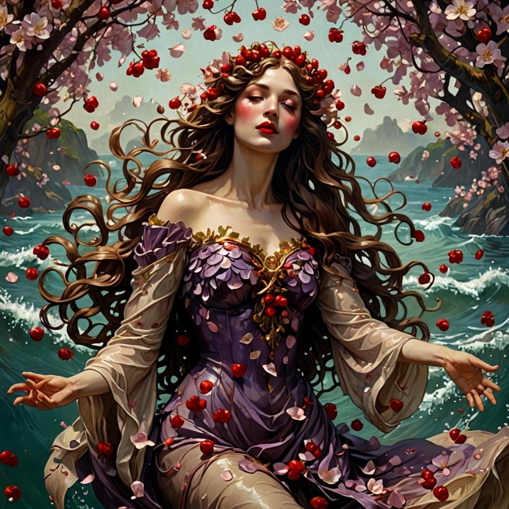 Cherry Blossom Dryad: Romantic Surrealism in Art Nouveau Sty...
