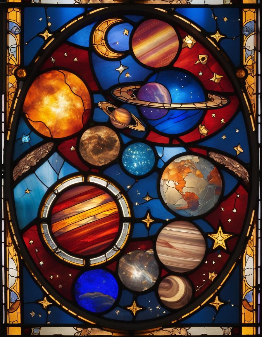 A stained glass window with a celestial theme