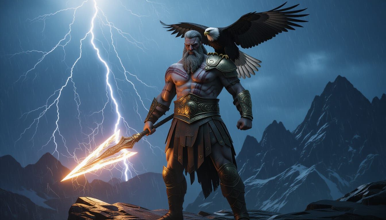 Zeus in Dark Fantasy Cinematic Style