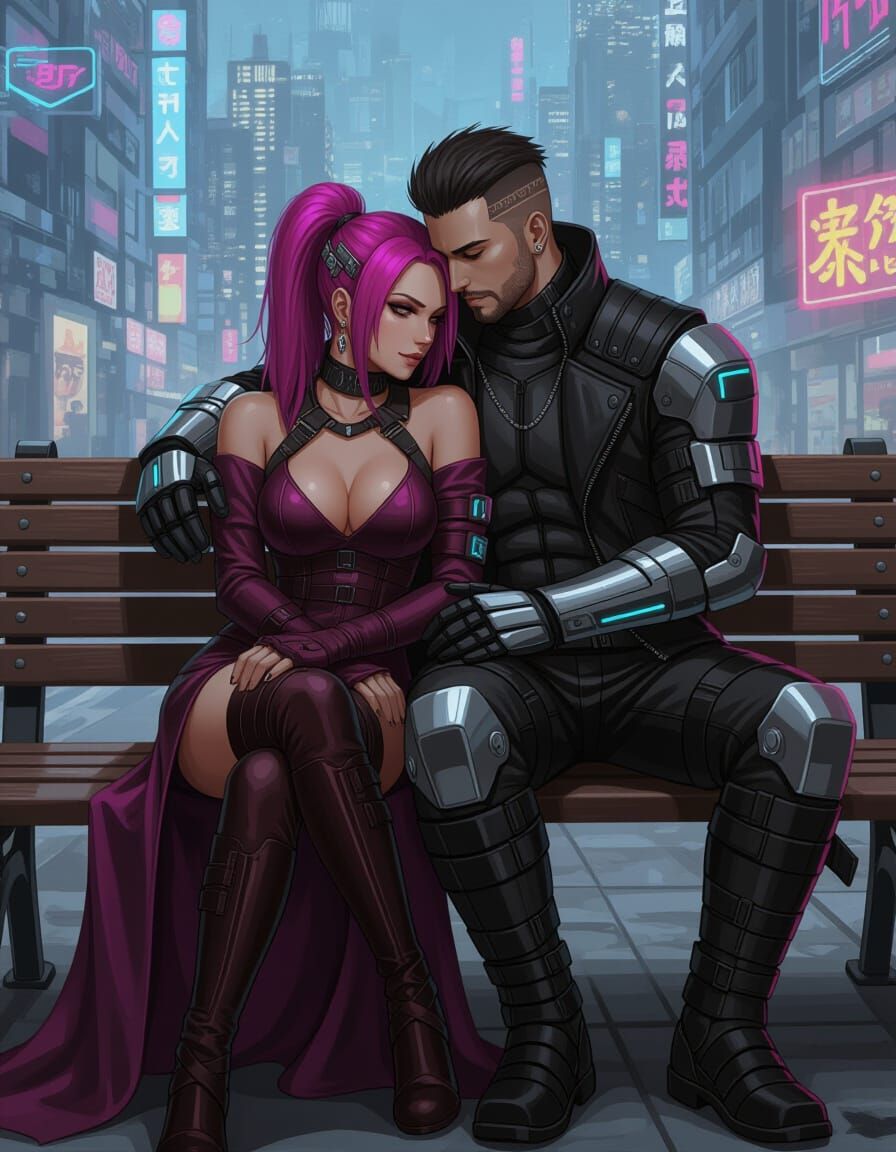 Cyberpunk Couple Cuddling on Bench