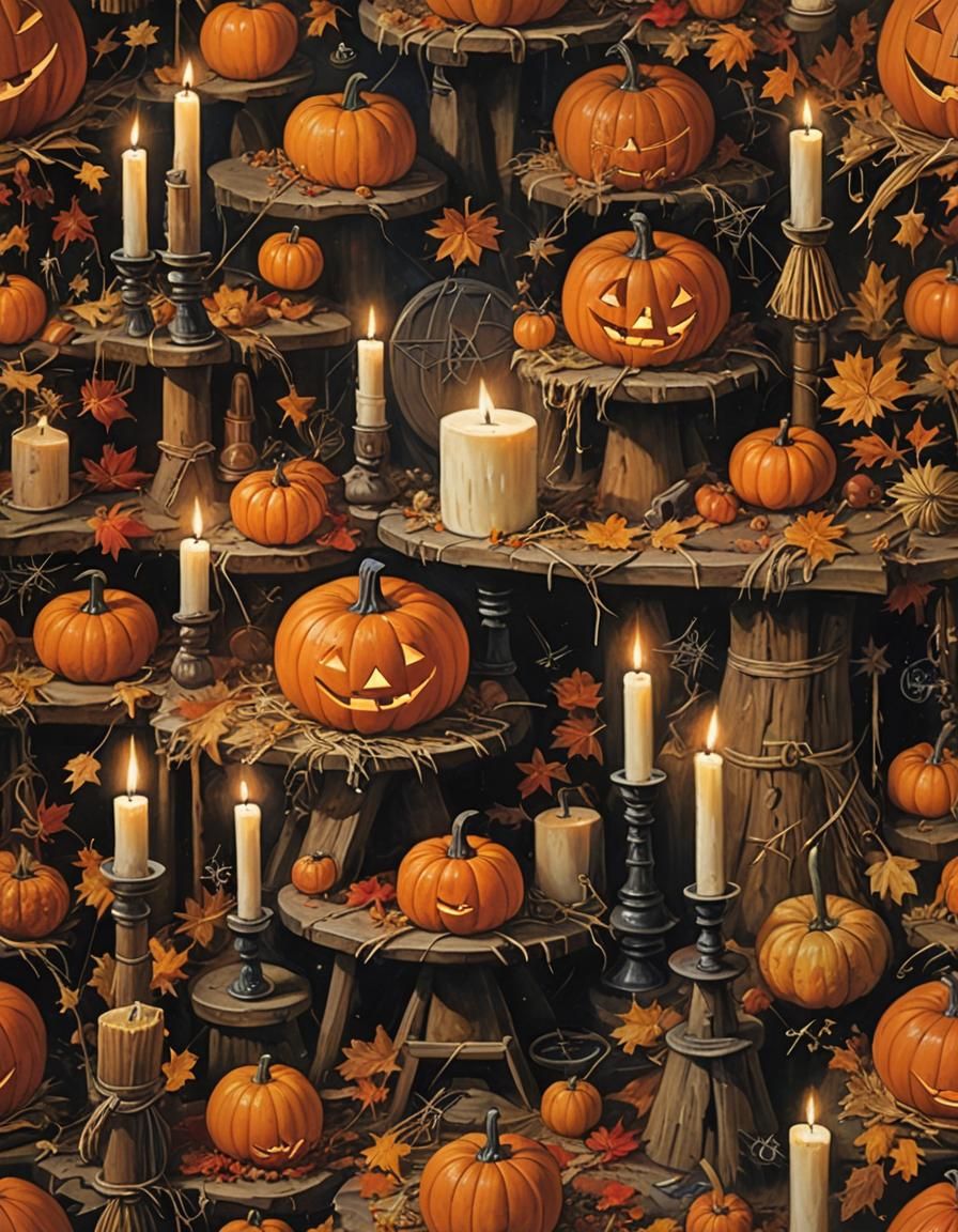 Autumn Folk Art Witchcraft Altar in Oil Painting Style