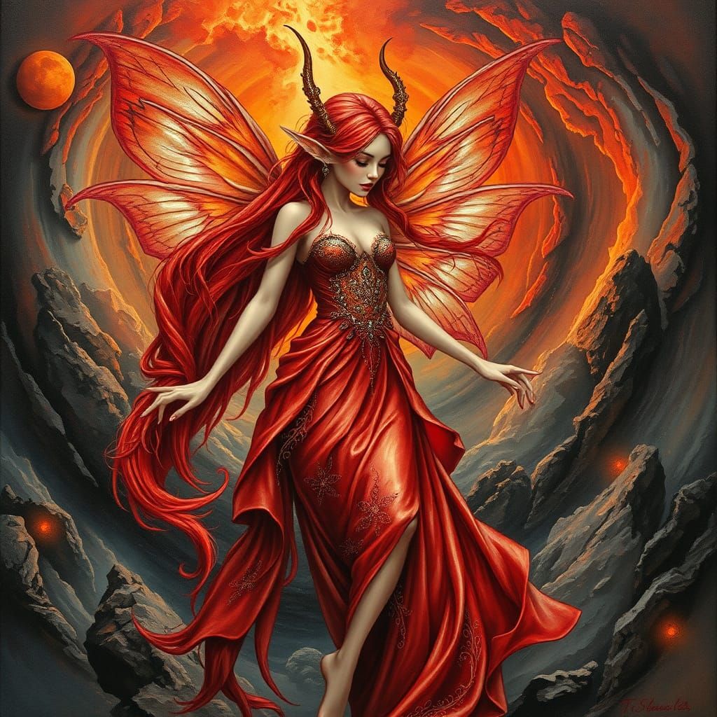 Red Fairy Elf Emerges from Impasto Volcano