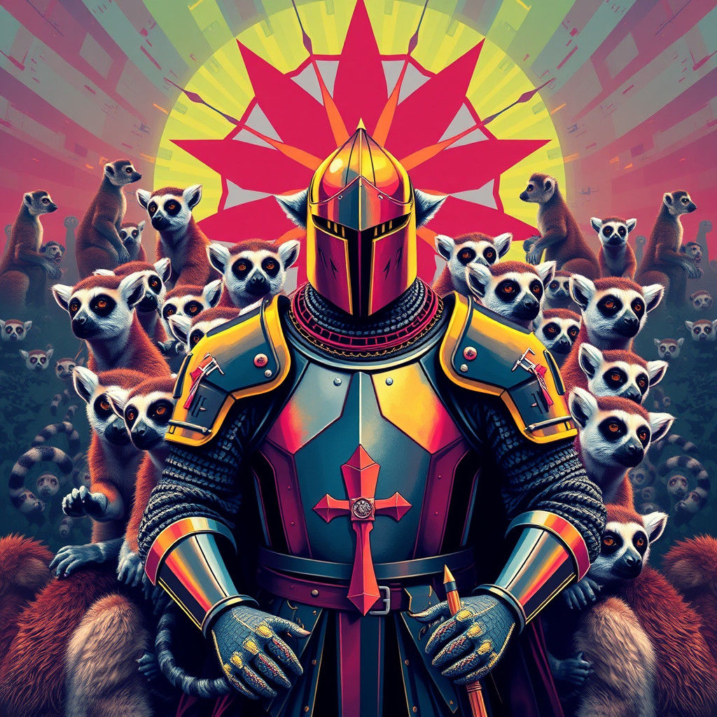 Lemurs Overwhelm Knight: Pop Art Digital Illustration