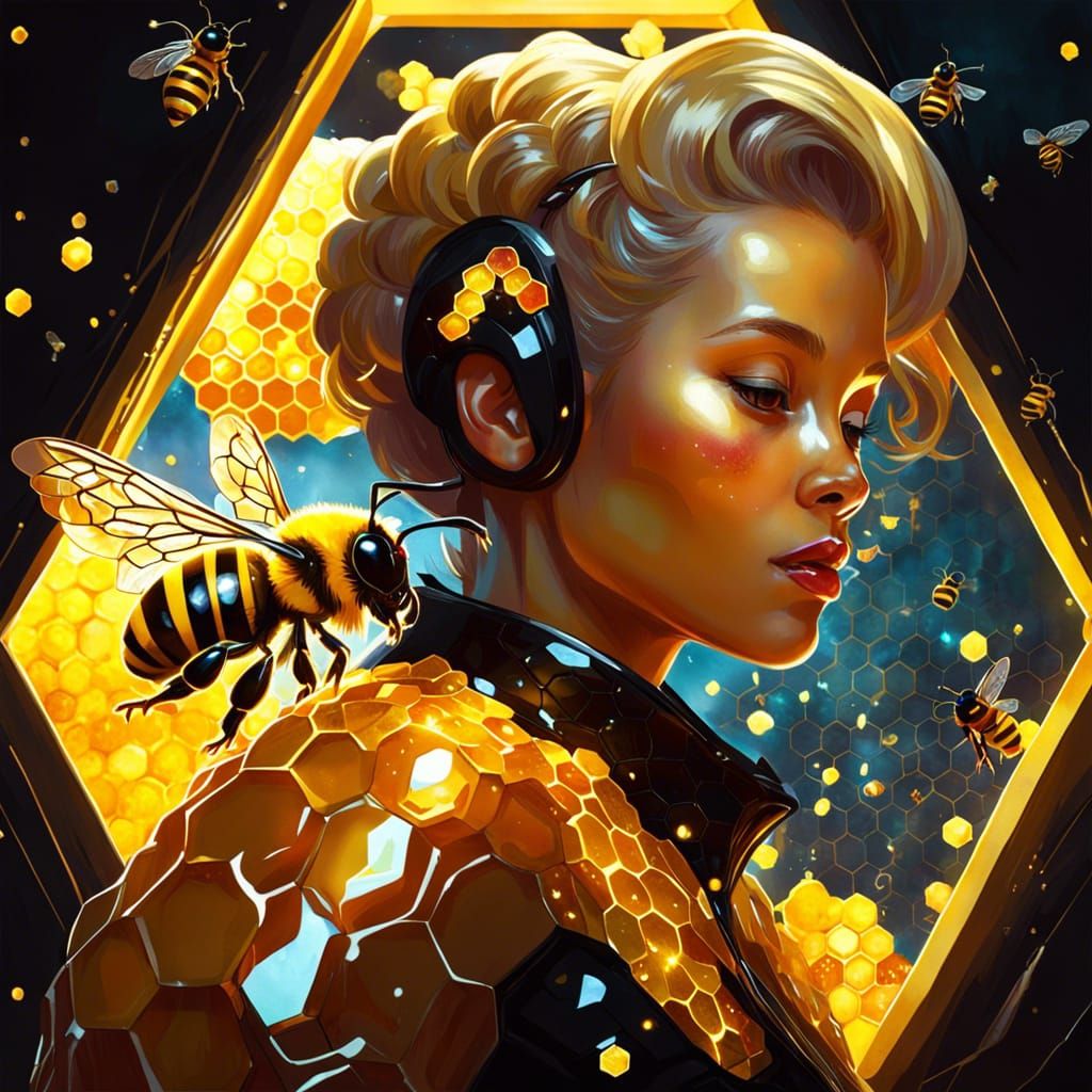 Hyper-Realistic Bee in Honeycomb Digital Art