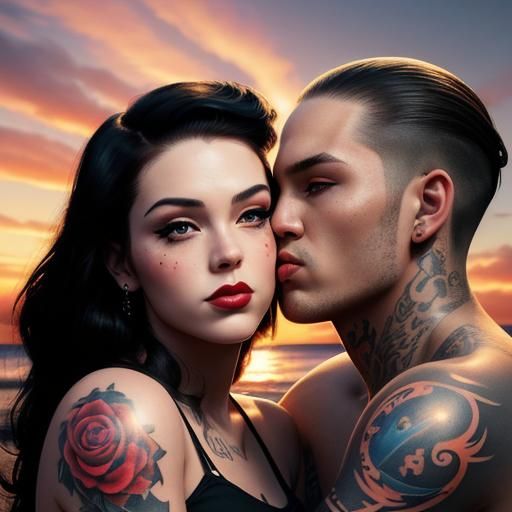 Kissing Couple with Tattoos in Pin-Up Style
