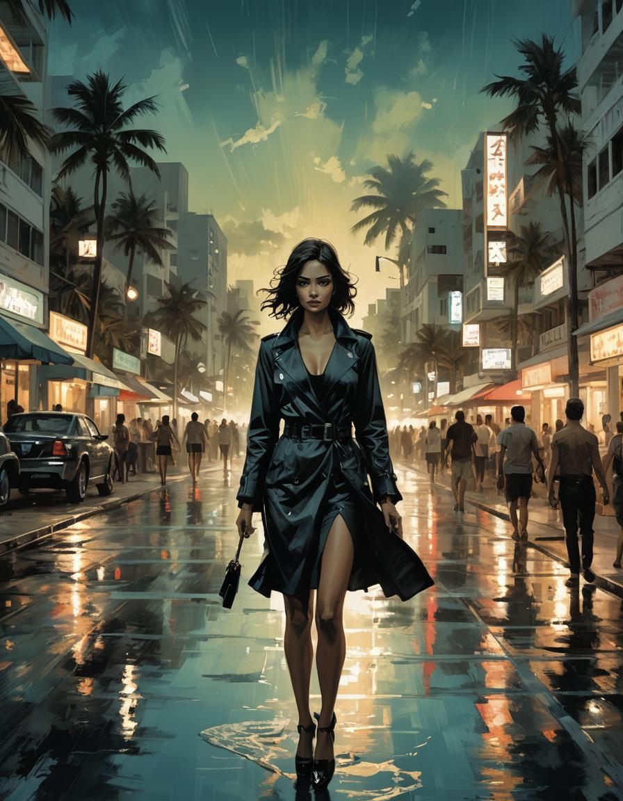 Mysterious Woman on Miami Beach in Comic Book Style
