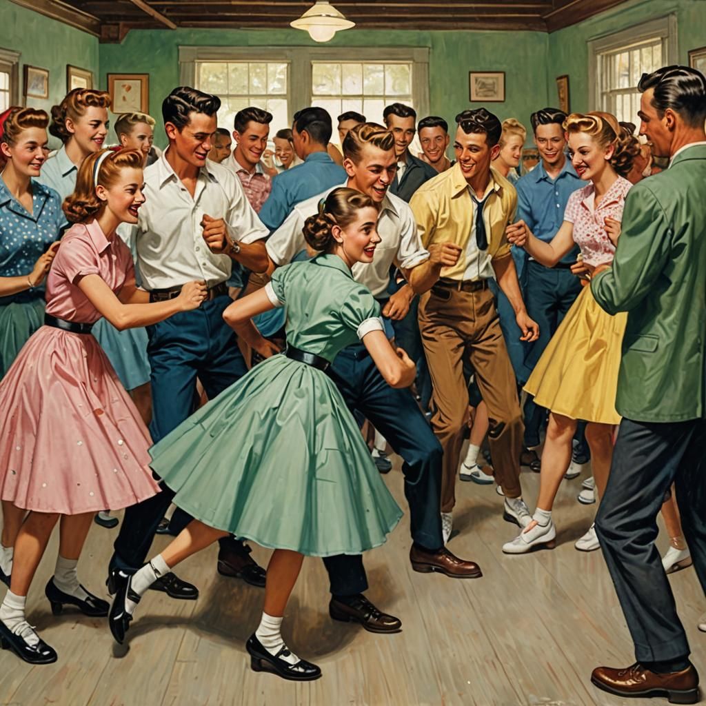 Young teens dancing at an1950's sock hop. Oil painting by No...