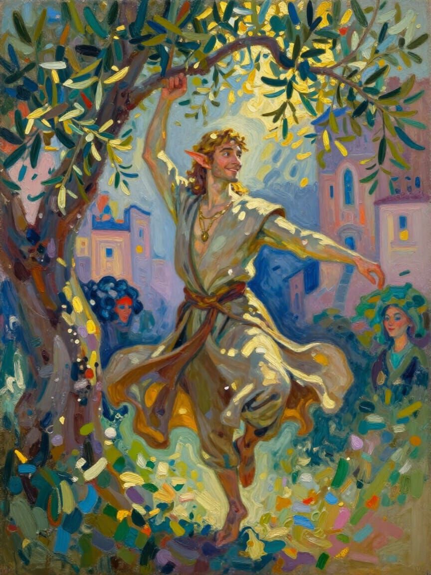 Joyful Elf Dancing Under Olive Tree in Impasto Style