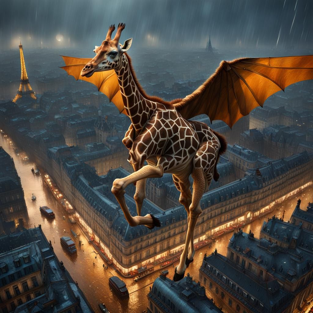 Bat-Winged Giraffe Soaring Over Paris