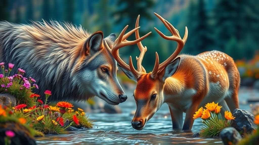 Wolf and Deer Drink Together in Stunning Hyperrealistic Art
