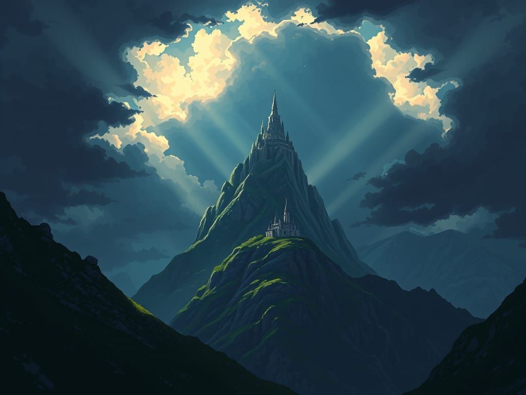 Epic Fantasy Castle Amidst Dark Skies in Pixel Art Style
