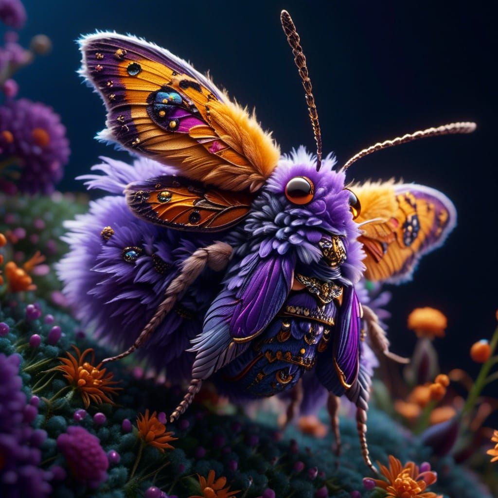 Fluffy Purple and Orange Moth in Moonlight