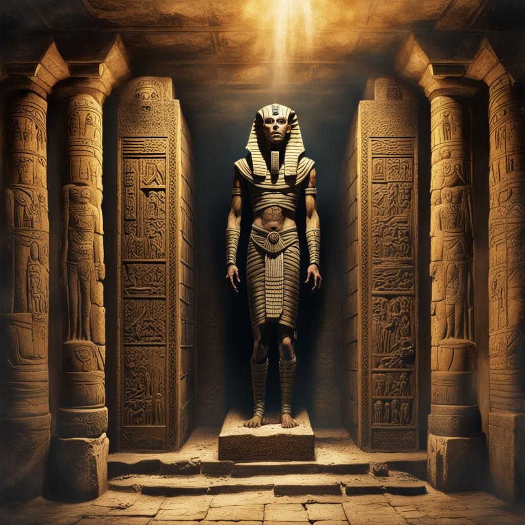 Egyptian Mummy Rises: Vintage Oil and Ink Illustration